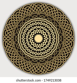 Gold celtic mandala pattern. Vector lines background. Repeat line art knotted round ornamets. Intricate tribal ethnic curved lines backdrop. Beautiful arabic design with contours, knots, curves.