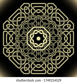 Gold celtic mandala pattern. Vector lines background. Repeat line art knotted arabic ornamets. Intricate tribal ethnic curved lines backdrop. Beautiful arabesque design with contours, knots, curves.