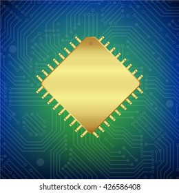 Gold Central Processing Unit (CPU) - Computer chip or microchip with circuit board background, Vector  illustration
