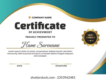 Gold certificate of achievement template. For award, business, and education needs. 