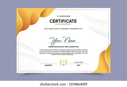 Gold certificate of achievement template set with gold badge. For award, business, and education needs. Vector Illustration