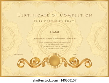 Gold Certificate / Diploma of completion (design template / sample background) with guilloche pattern (watermarks), border. Useful for: Certificate of Achievement, Certificate of education, awards