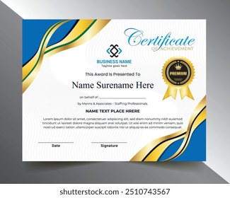 Gold Certificate Template Blue and gold Color Variation for multipurpose use like- Achievement, Diploma, Award, Graduation, Completion, Appreciation, Acknowledgement, Recognition etc.