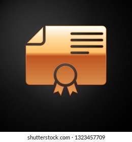 Gold Certificate template icon isolated on black background. Degree icon. Achievement, award, grant, diploma concepts. Business success certificate. Vector Illustration