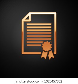 Gold Certificate template icon isolated on black background. Degree icon. Achievement, award, grant, diploma concepts. Business success certificate. Vector Illustration
