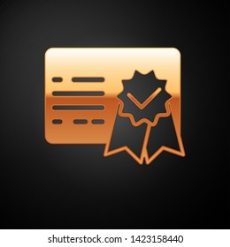 Gold Certificate template icon isolated on black background. Achievement, award, degree, grant, diploma concepts. Business success certificate. Vector Illustration