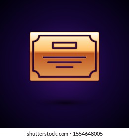 Gold Certificate template icon isolated on dark blue background. Achievement, award, degree, grant, diploma. Business success certificate.  Vector Illustration