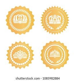 Gold certificates with royal crowns silhouettes set. Luxurious kings hats on golden seals. Heraldic symbols on round certificates vector illustrations