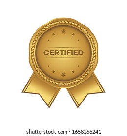 Gold certified badge, rosette with ribbon on white background