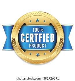 Gold certified product badge, rosette with blue ribbon