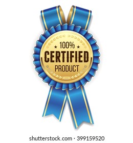 Gold certified product badge, rosette with blue ribbon on white background