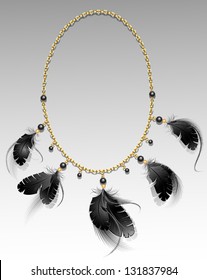 gold chain with black feathers and beads on a gray background.