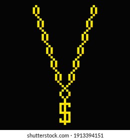 Gold chain with dollar symbol pixel icon. Luxurious rich rapper necklace for game party cultural hip hop with expensive vector treasure