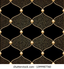 Gold chain grid seamless on black background. Fashion illustration. Seamless pattern abstract design. Vector