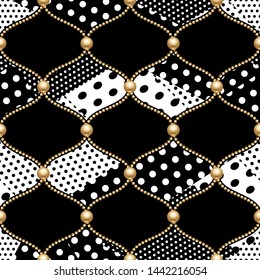 Gold chain grid seamless on black and white polka dots background. Fashion illustration. Seamless pattern abstract design. Vector 
