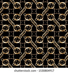 Gold chain grid seamless on black background. Fashion illustration. Seamless pattern abstract design with  filigree necklce.  Idea for material, scarf, fabric, textile, wallpaper, wrapping design.