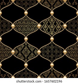 Cuadrícula de la cadena dorada sin fisuras sobre fondo negro. Motivos étnicos orientales filipinos. Ilustración de moda. Diseño abstracto de patrones sin inconvenientes. Vector 