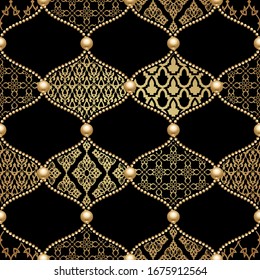 Gold chain grid seamless on black background. Fashion illustration. Damask motifs. Seamless pattern abstract design. Vector