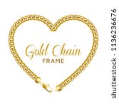 Gold chain heart love border frame. Wreath shape with a lobster claw clasp lock. Jewelry design, text frame. Realistic vector illustration isolated on a white background.