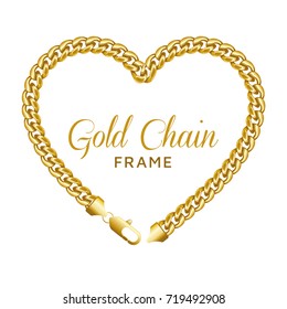 Gold chain heart love border frame. Wreath shape with a lobster claw clasp lock. Jewelry design, text frame. Realistic vector illustration isolated on a white background.
