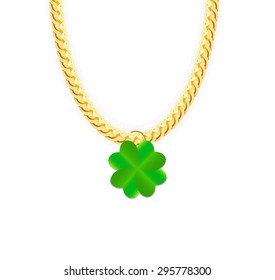 Gold Chain Jewelry whith Green Four-leaf Clover. Vector Illustration. EPS10