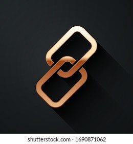 Gold Chain link icon isolated on black background. Link single. Long shadow style. Vector Illustration