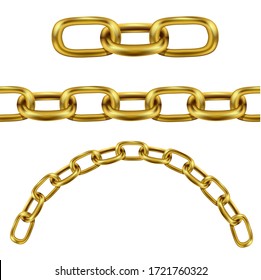 gold chain links of different shapes link, arc and level. Length of Chain Isolated on White Background
