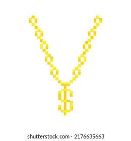 Gold chain or necklace with dollar sign. Isolated pixel style on white background. vector