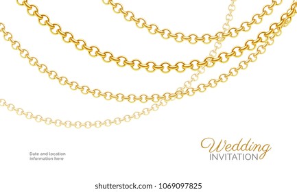 Gold chain necklace. Luxury jewelry background. Wedding invitation vector design. Necklace gold chain, golden fashion accessory illustration