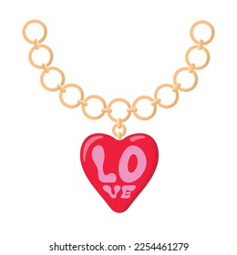 Gold chain necklace with pendants. Colorful jewelry Y2k flat design, vector illustration.