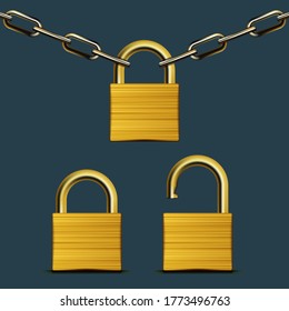Gold Chain With Padlock. Close And Open Ones. EPS10 Vector