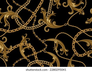 Gold chain pattern. Baroque ornament. Print for embroidery scarf. Venetian patch. Belt with vintage leaves. Golden flourish and jewel necklace. Vector exact seamless repeat background