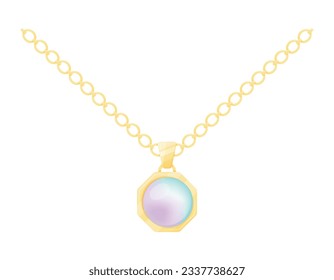 Gold chain with pearl gemstone pendant. Vector isolated expensive jewelry, female necklace.