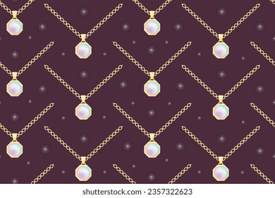 Gold chain with pearl gemstone pendant. Vector seamless cartoon pattern, expensive jewelry, women necklace.