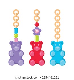 Gold chain with plastic beads gummy bear pendants or keychain. Colorful jewelry Y2k flat design, vector illustration.