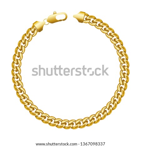 Gold chain round border frame. Wreath circle shape with a lobster claw clasp lock. Jewelry accessory design, text frame. Realistic vector illustration isolated on a white background.