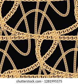 Gold Chain Seamless Background on Black. Vector Illustration.