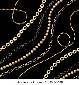 Gold chain seamless on black background. Fashion illustration. Collection of jewelry. Seamless pattern abstract design. Vector
