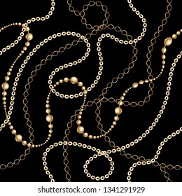 Gold chain seamless on black background. Fashion illustration. Collection of jewelry. Seamless pattern abstract design. Vector illustration