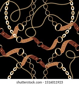 Gold chain seamless on black background. Fashion illustration. Collection of jewelry. Seamless pattern abstract design. Vector illustration