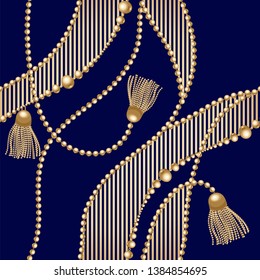 Gold chain seamless on deep blue background. Fashion illustration. Collection of jewelry. Seamless pattern abstract design. Vector illustration