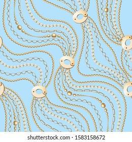 Gold chain  seamless on light blue background. Fashion necklace motifs illustration.  Abstract pattern design in luxury style. Idea for material, scarf, fabric, textile, wallpaper, wrapping paper.