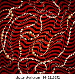 Gold chain seamless on red background. Fashion illustration. Collection of jewelry. Seamless pattern abstract design. Vector illustration