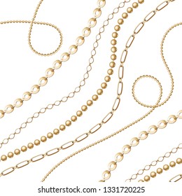 Gold chain seamless on white background. Fashion illustration. Collection of jewelry. Seamless pattern abstract design. Vector