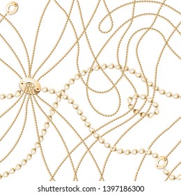 Gold chain seamless on white background. Fashion illustration. Collection of jewelry. Seamless pattern abstract design. Vector illustration