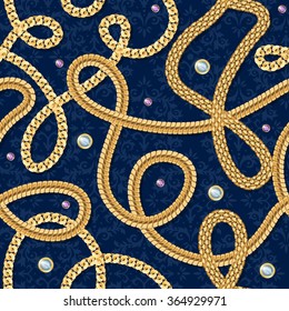 Gold chain seamless pattern with jewels on blue background realistic vector illustration 