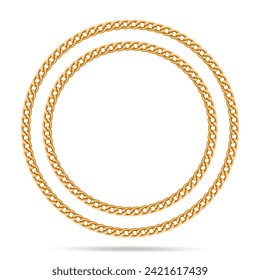 Gold chain in the shape of two circles, banner with copy space. Isolated on white background. Realistic vector.