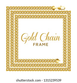 Gold chain square border frame. Rectangle wreath shape with a lobster claw clasp lock. Jewelry design, text frame. Realistic vector illustration isolated on a white background.