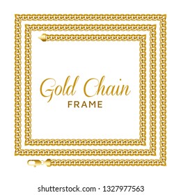 Gold chain square border frame. Rectangle wreath shape with a lobster claw clasp lock. Jewelry design, text frame. Realistic vector illustration isolated on a white background.
