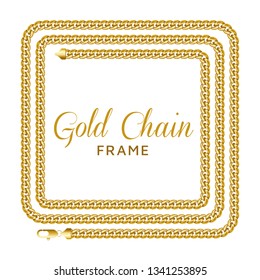 Gold chain square border frame. Rectangle wreath shape for a text template. Jewelry design, text frame. Realistic vector illustration isolated on a white background.